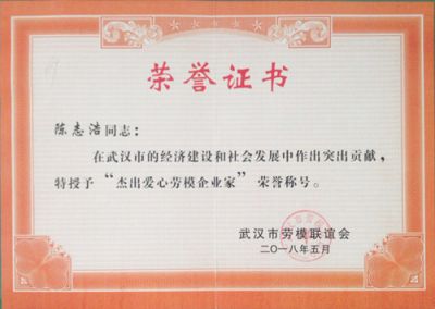 武漢天虹紙塑彩印有限公司董事長陳志浩被評(píng)為武漢市“杰出愛心勞模企業(yè)家”